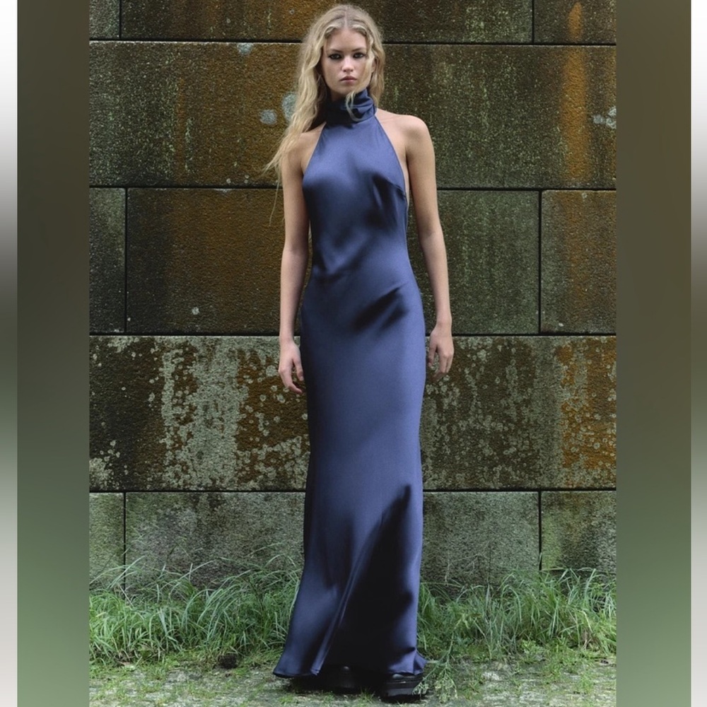 Zara maxi dress satin formal party elegant blue halter dress